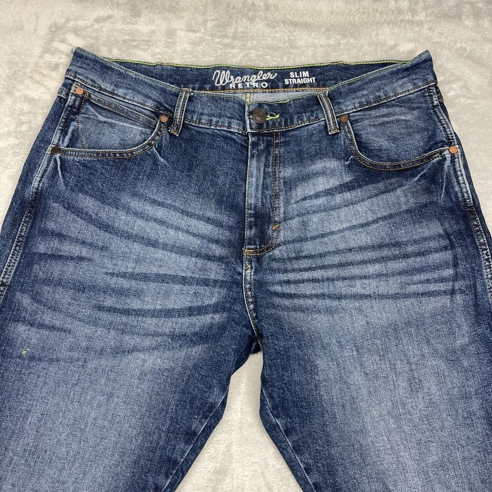 Wrangler Jeans Mens 36x30 Blue Denim Dark Wash Faded Retro Slim Straight Leg